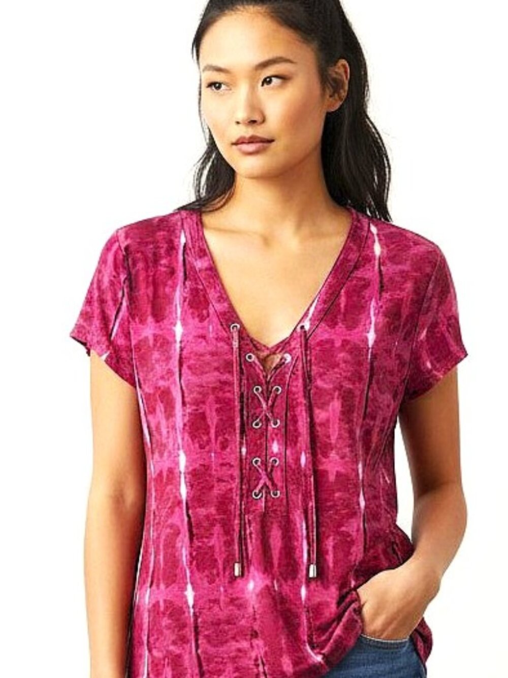 INC International Concepts | Pink Tie Dye Lace Up Short Sleeve Top | Size Medium